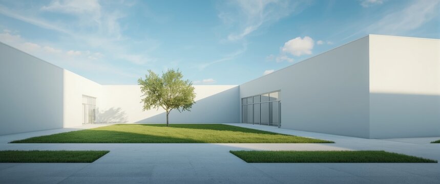 Empty high school courtyard bathed in gentle morning light without people