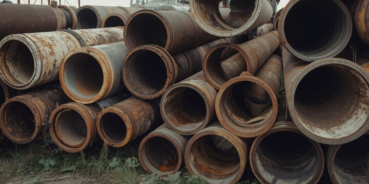 Group of rusted diameter diverse pipes demonstrating construction elements outdoors