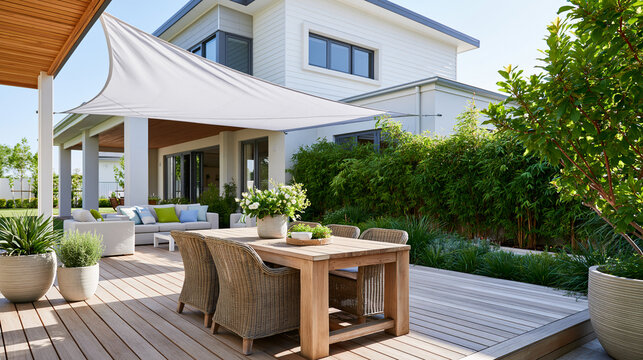 Modern backyard patio with a wooden deck, white sail shade, dining set, and a rich bamboo garden, sleek outdoor architecture concept, with copy space