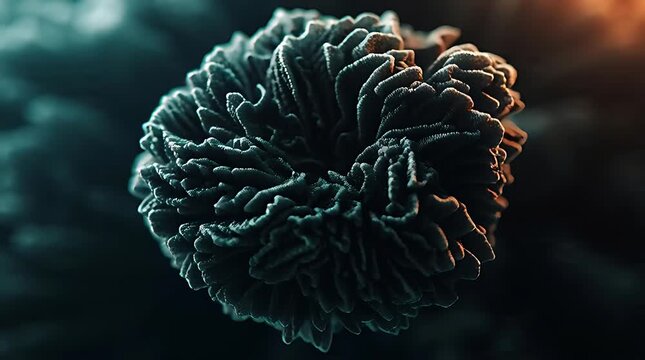 Close up view of a textured dark coral structure underwater in the deep ocean.