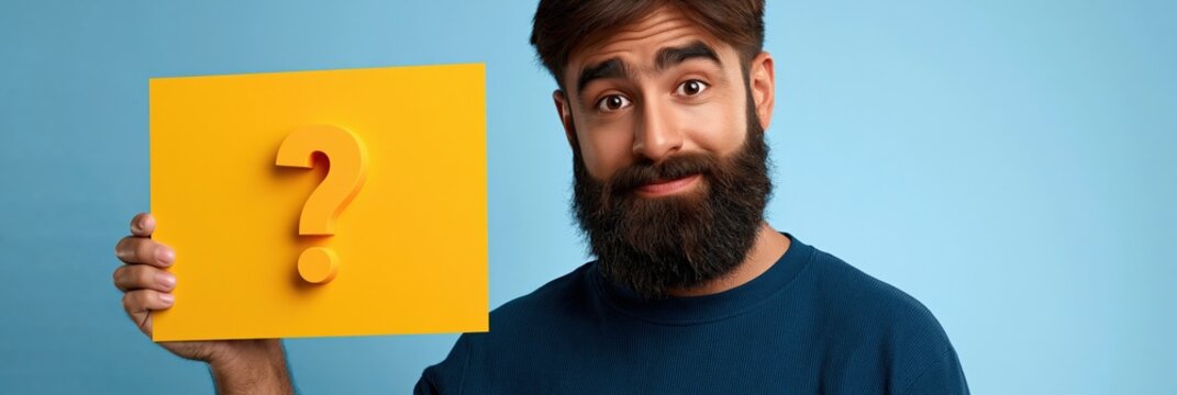 Panoramic banner of bearded man holding yellow board with question symbol for website header and marketing