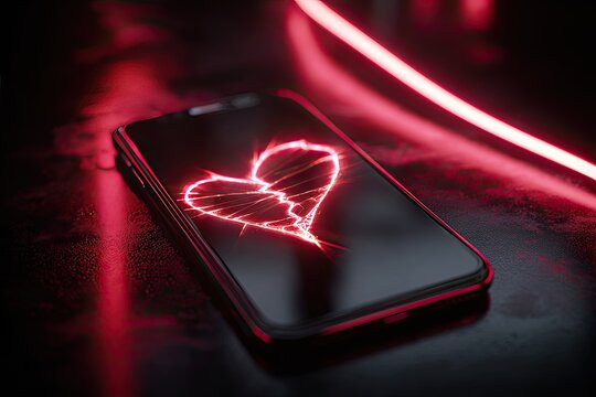 Shattered heart graphic glowing on a dark smartphone screen, red neon light
