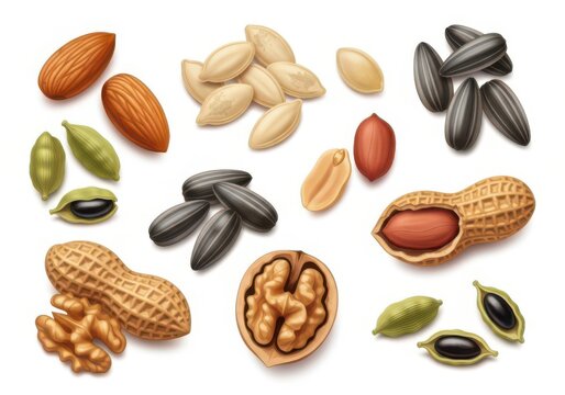 Assorted whole and shelled nuts collection display