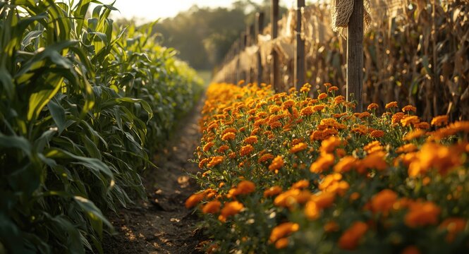 Community farm with thriving rows of bean and corn crops alongside marigold flowers and natural flypaper pest control