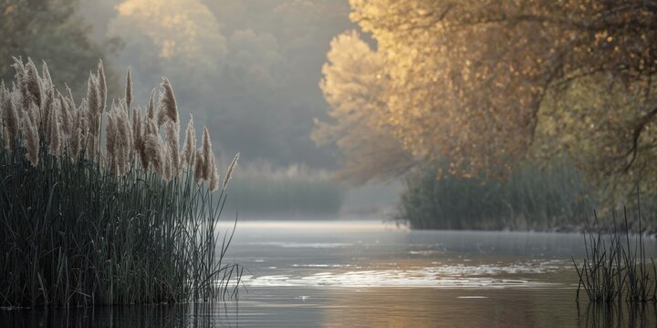 Gentle riverside view featuring reeds and soft hazy background of oak and alder foliage at dawn