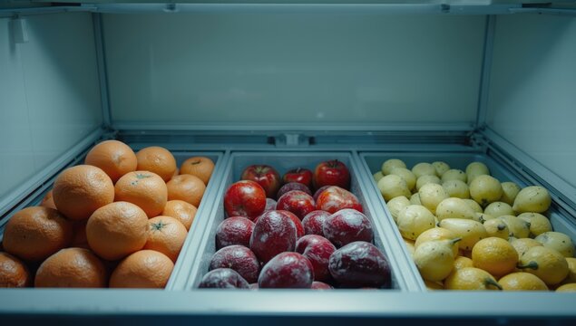 Frozen fruits and vegetables preserved in deep freezer space with copyspace for text