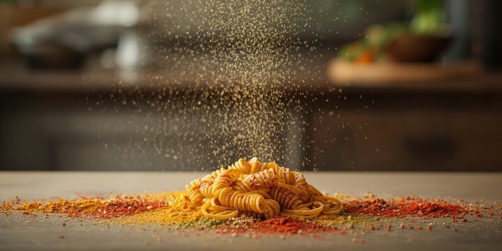 Dry Indonesian mie gulung snack featuring several powdered spices on spiral pasta