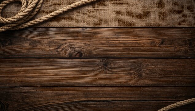 Detailed wooden plank and burlap cloth background showing ship rope and copy space