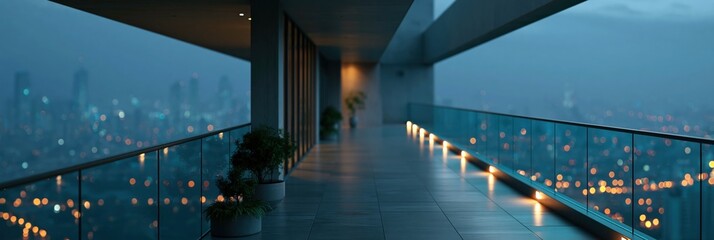 Fototapeta premium Panoramic terrace balcony with glass railing and potted plants overlooking city lights for wide background and banner design