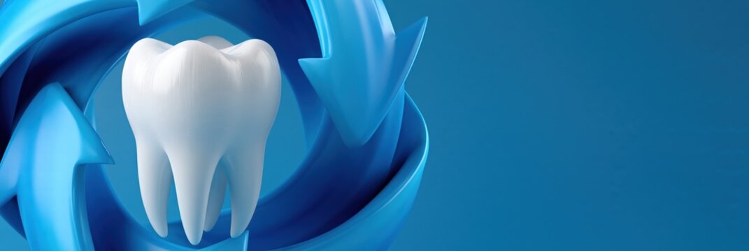 Isolated molar surrounded by blue circular arrows on blue background for oral care wallpaper and dental clinic poster design