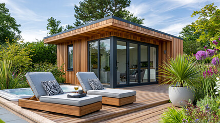 Fototapeta premium Contemporary garden room with cedar cladding and large sliding doors connecting to a wooden outdoor deck with a hot tub and lounge chairs, with copy space
