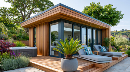 Fototapeta premium Contemporary garden room with cedar cladding and large sliding doors connecting to a wooden outdoor deck with a hot tub and lounge chairs, with copy space