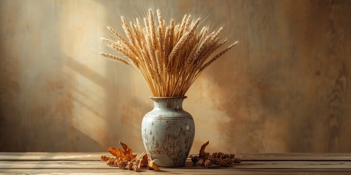 Decorative golden wheat in rustic vintage vase complemented by textured rustic backdrop for fall