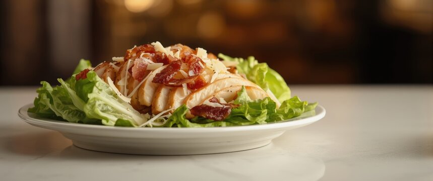 Fresh Caesar salad topped with roasted chicken and smoky bacon on white surface