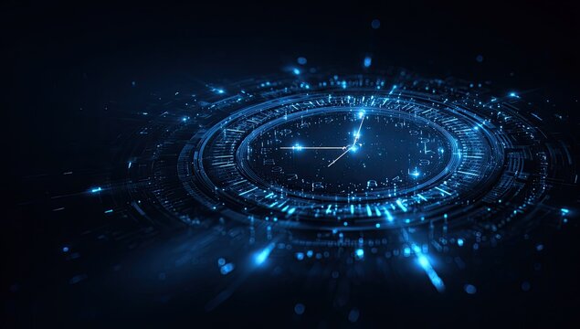 Futuristic digital clock face glowing with blue light, radiating energy outwards
