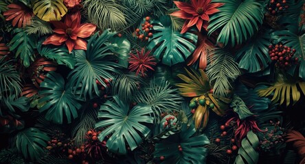 Naklejka premium colorful wallpaper featuring diverse tropical foliage