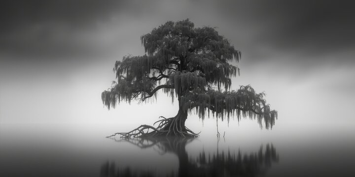 Elegant monochrome illustration featuring a lone swamp cypress tree
