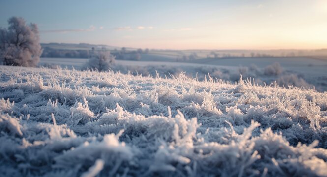 Frozen farmland landscape covered with frost on a cold winter morning