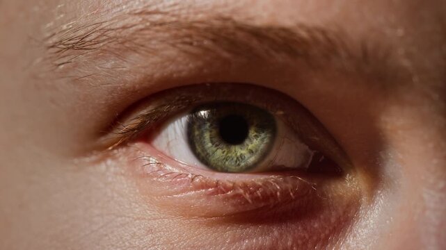 Close up detail shot of unrecognizable person opening eyes and looking at camera with green eye sunlight accentuating fair face texture, copy space