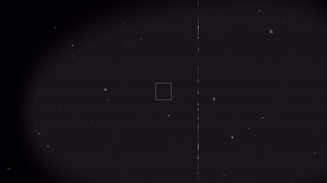 Abstract black film texture with white dust particles, grainy frame, vertical lines, and square shape center. Suitable for cinematic design projects.