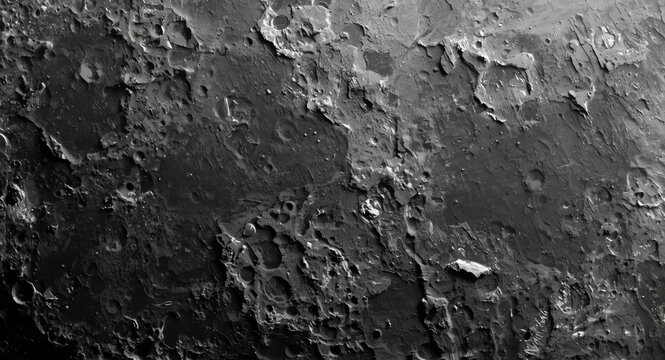 Close up view of moon surface texture showing detailed craters and rocky terrain in grayscale