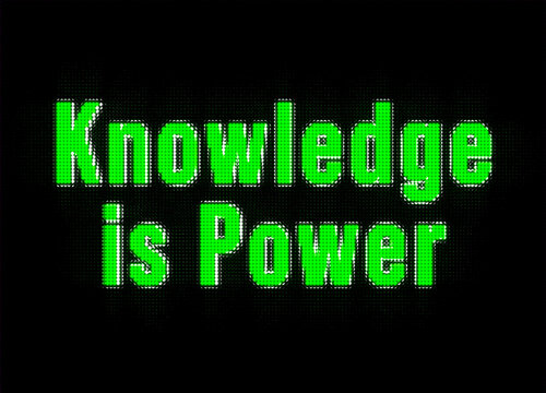 Knowledge is power. Banner in green letters. Expertise, skills, information, facts, learning, evidence, intelligence.