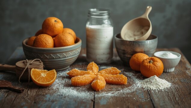 Fresh oranges and baking essentials artistically placed on a rustic wooden table for cooking ideas