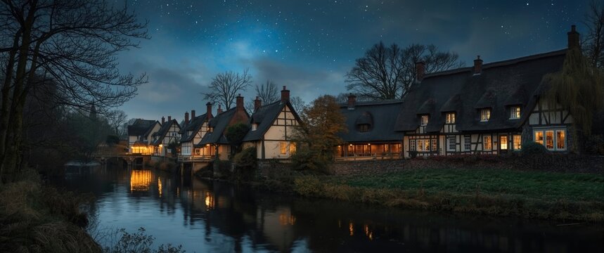 Enchanting medieval hamlet with classic thatched roofs alongside a river reflecting a starlit sky