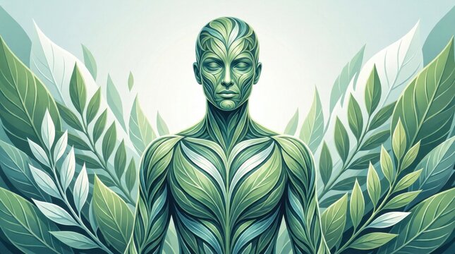 Leaf humanoid standing among layered foliage on pale background