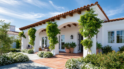 Fototapeta premium Expansive Mediterranean-style villa with a terracotta tiled roof, arched doorways, climbing green plants, and a pristine white stucco exterior, with copy space
