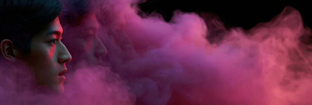 Dramatic profile portrait with pink and purple smoke and ghosted reflections for cyberpunk background and banner design