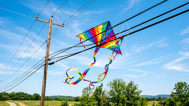 A Vibrant Rainbow Kite Tangled in Electrical Power Lines Under a Brilliant Sunny Blue Sky