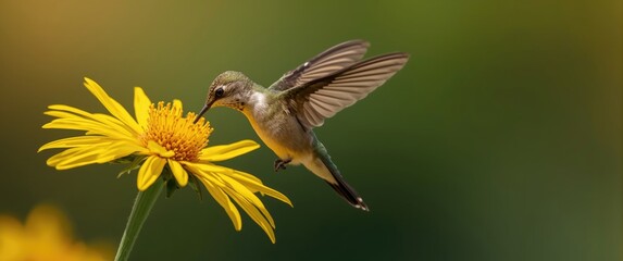 Obraz premium Energetic hummingbird enjoying nectar on a radiant yellow flower rendered by AI technology