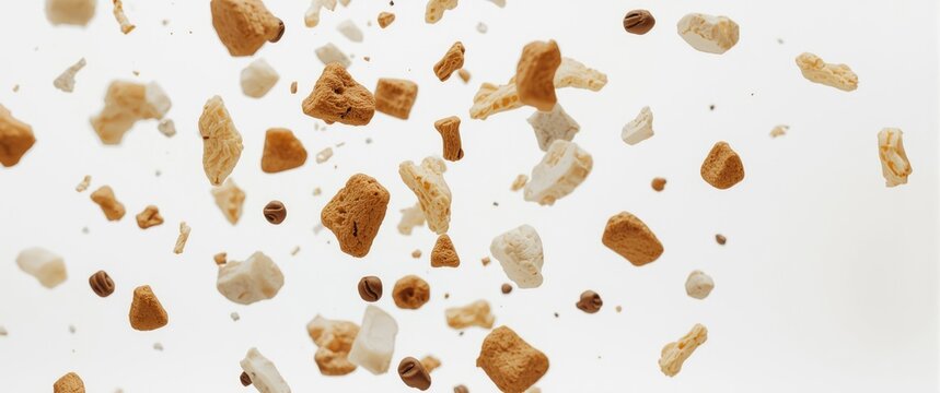 Detailed image of feline food pieces airborne over white backdrop with generous copy space