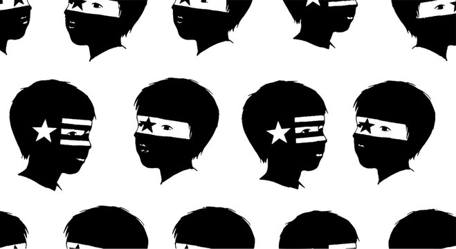 Profile silhouettes of children with patriotic face paint pattern