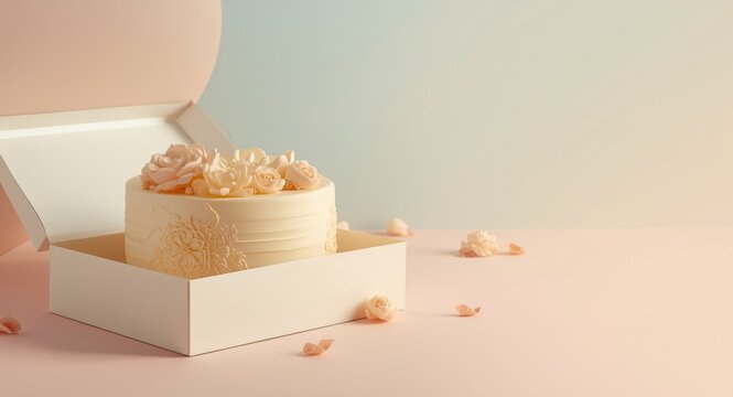 Decorated cake with floral designs inside white box on pastel background with copy space