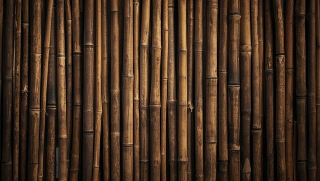 Fine texture of bamboo sticks wall in ambient light showing natural imperfections