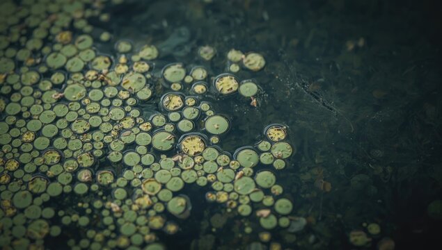 Close up of floating green algae on a calm liquid surface in nature