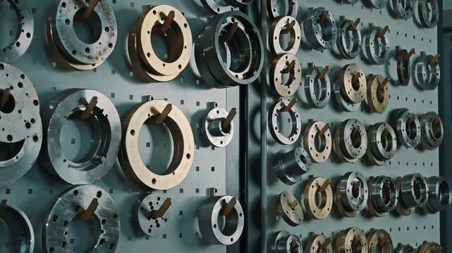 Organized display of circular machined metal flanges and tooling rings on a perforated pegboard wall in a workshop, showcasing precision holes and clean industrial craftsmanship