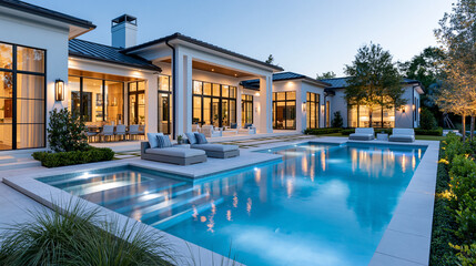 Fototapeta premium Elegant modern mansion at dusk with a pool, outdoor seating, and lush landscaping, luxury real estate concept, with copy space