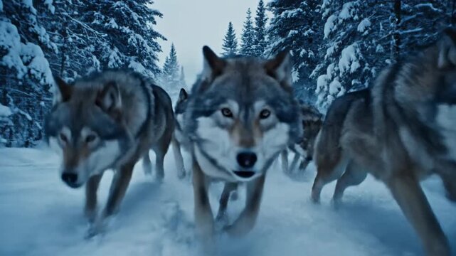 Wolf pack hunts across a snowy forest floor