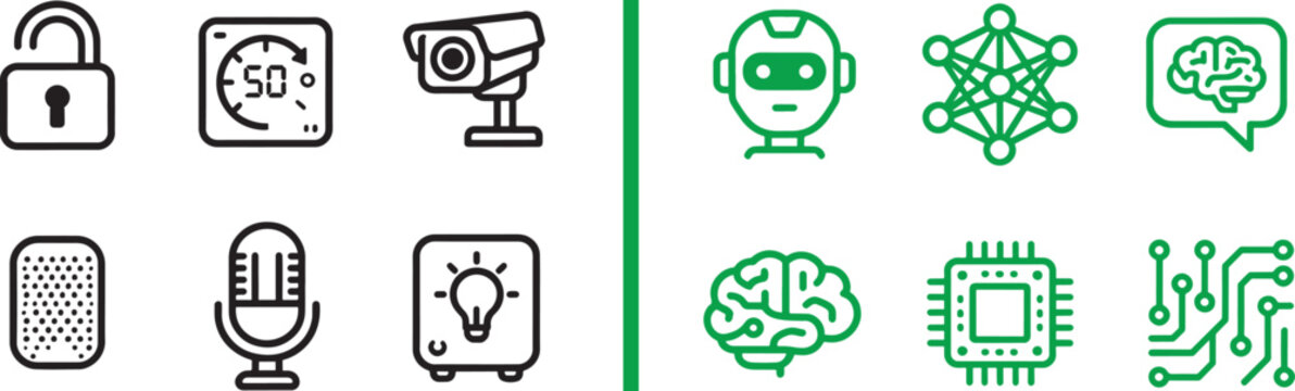 Artificial intelligence and smart technology vector icon set with robot brain microchip security camera and padlock