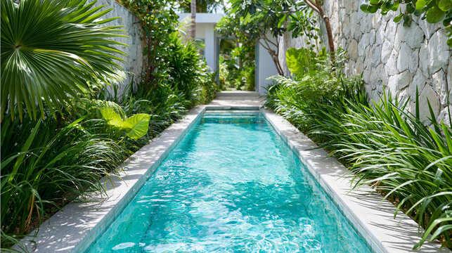 Small tropical swimming pool surrounded by lush green plants and modern stone walls, clear turquoise water for luxury resort living concept, with copy space