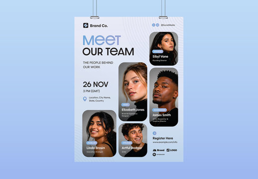 Meet The Team Event Poster Template For Corporate Staff Intro, Speaker Panel, Workshop Flyer & Company Org Chart