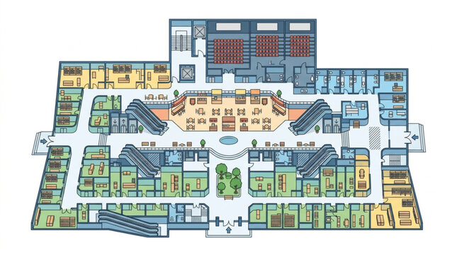 Detailed Floor Plan of a Large Shopping Mall Layout.