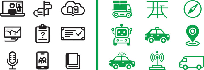 Vector icon set with business technology education and transportation symbols in black and green line art © Muhammad