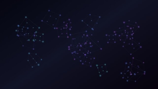 Geometric network nodes and 3D wireframe shapes rotating on dark backg