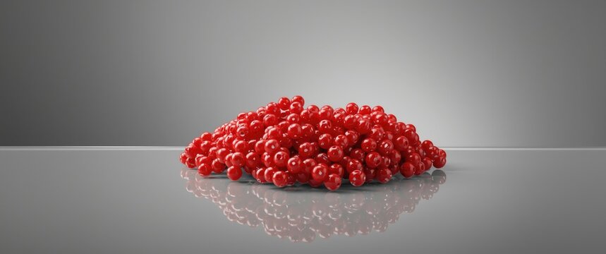 Focused red coral beads resting on pristine glass surface with clear empty copy space