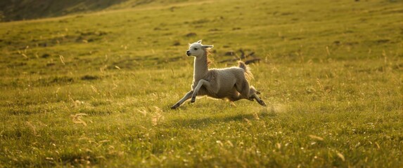 Naklejka premium Energetic alpaca leaping in a windy green pasture