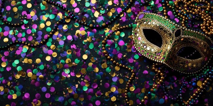 Colorful confetti and decorative mask beads celebrating Mardi Gras with copy space